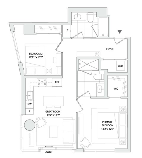 Floor plan for 2 beds, 2 baths, 927 sqft